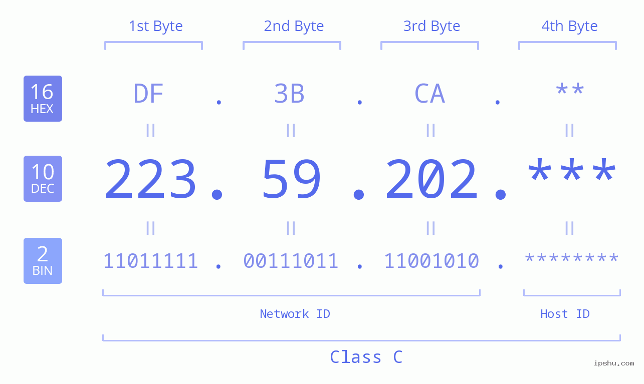 IPv4: 223.59.202 Network Class, Net ID, Host ID