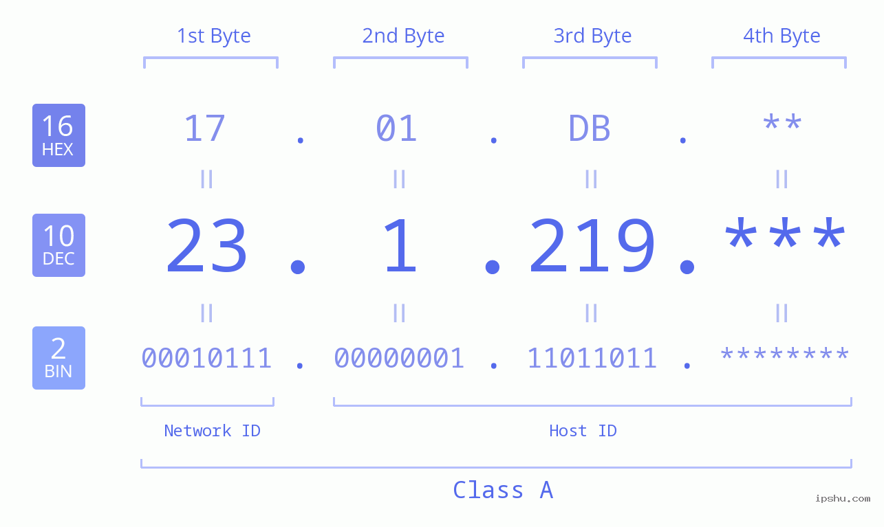 IP Address: 23.1.219 Data Structure Chart BIN DEC HEX IPv4: 23.1.219 Network Class, Net ID, Host ID