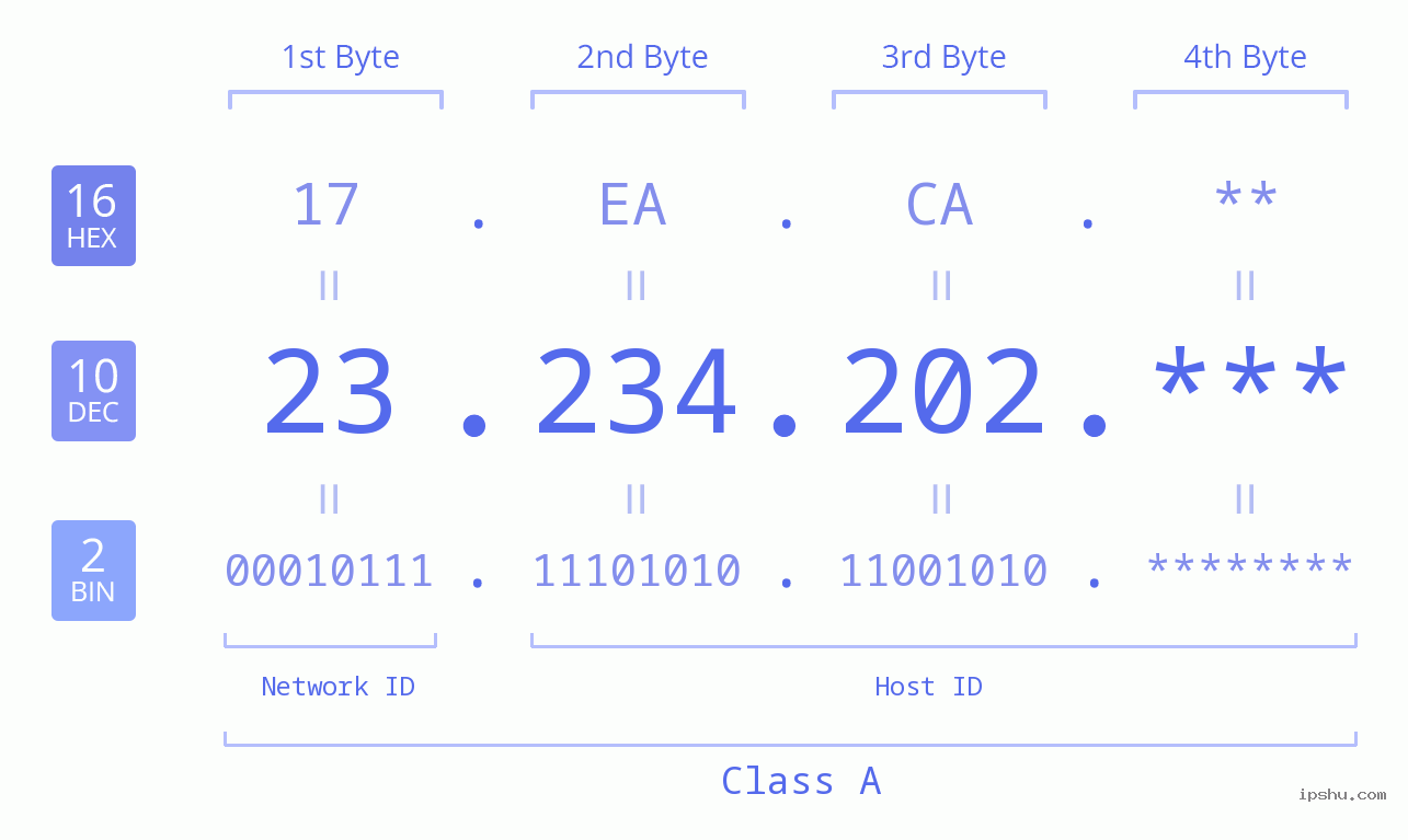 IP Address: 23.234.202 Data Structure Chart BIN DEC HEX IPv4: 23.234.202 Network Class, Net ID, Host ID