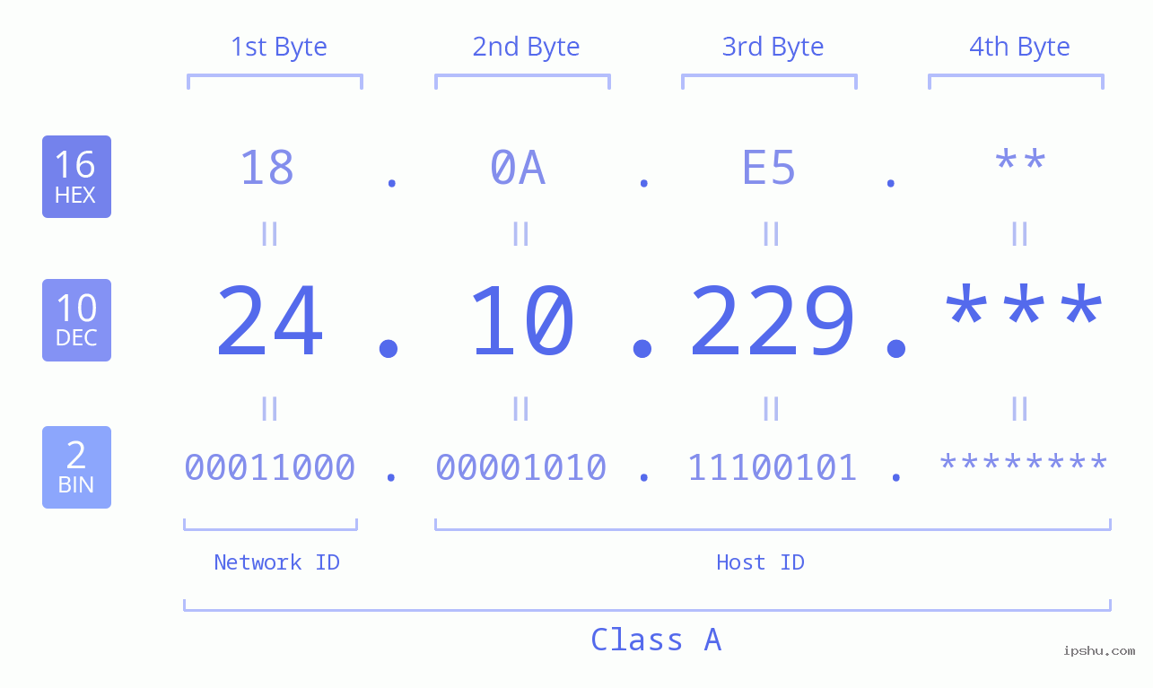 IP Address: 24.10.229 Data Structure Chart BIN DEC HEX IPv4: 24.10.229 Network Class, Net ID, Host ID