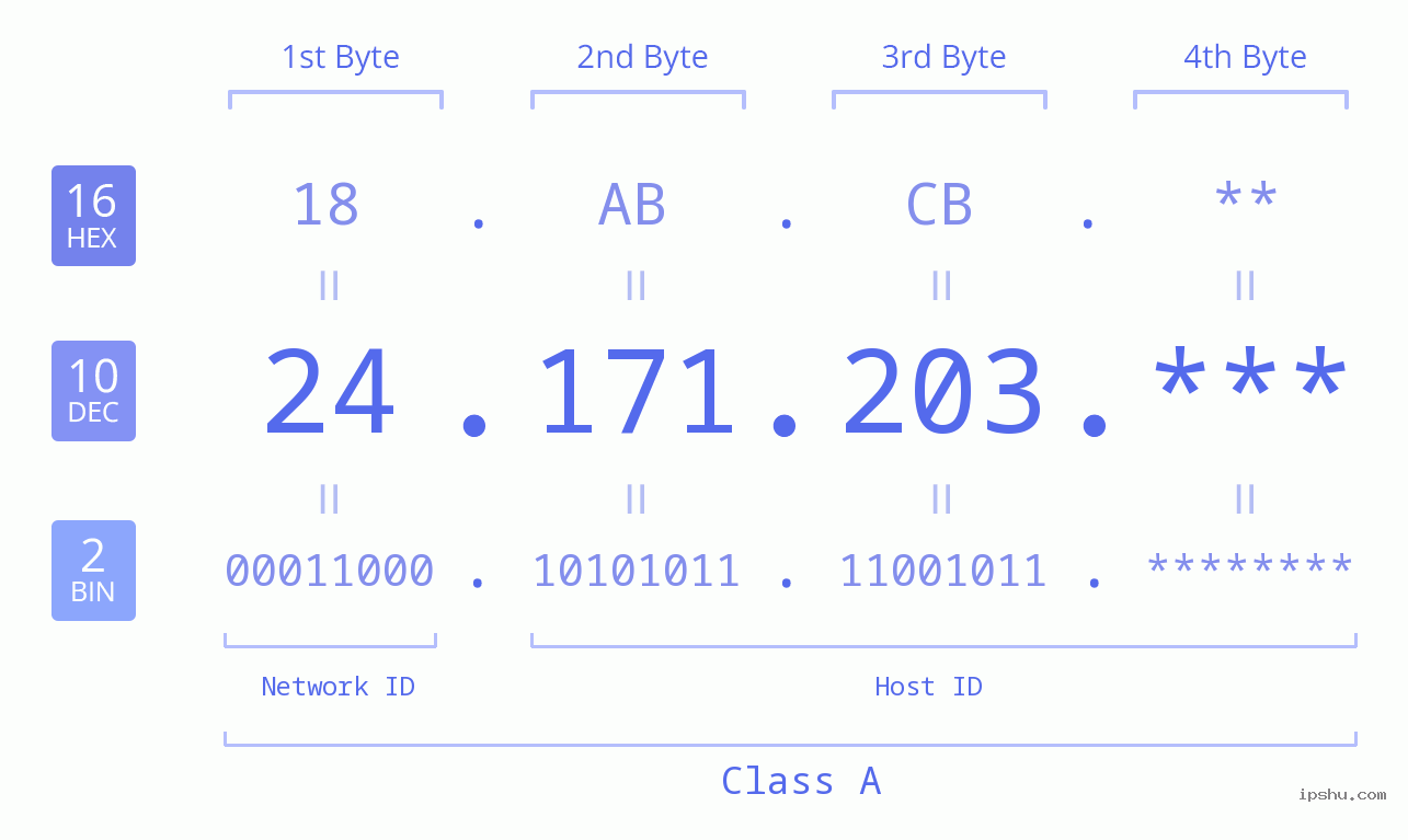 IP Address: 24.171.203 Data Structure Chart BIN DEC HEX IPv4: 24.171.203 Network Class, Net ID, Host ID