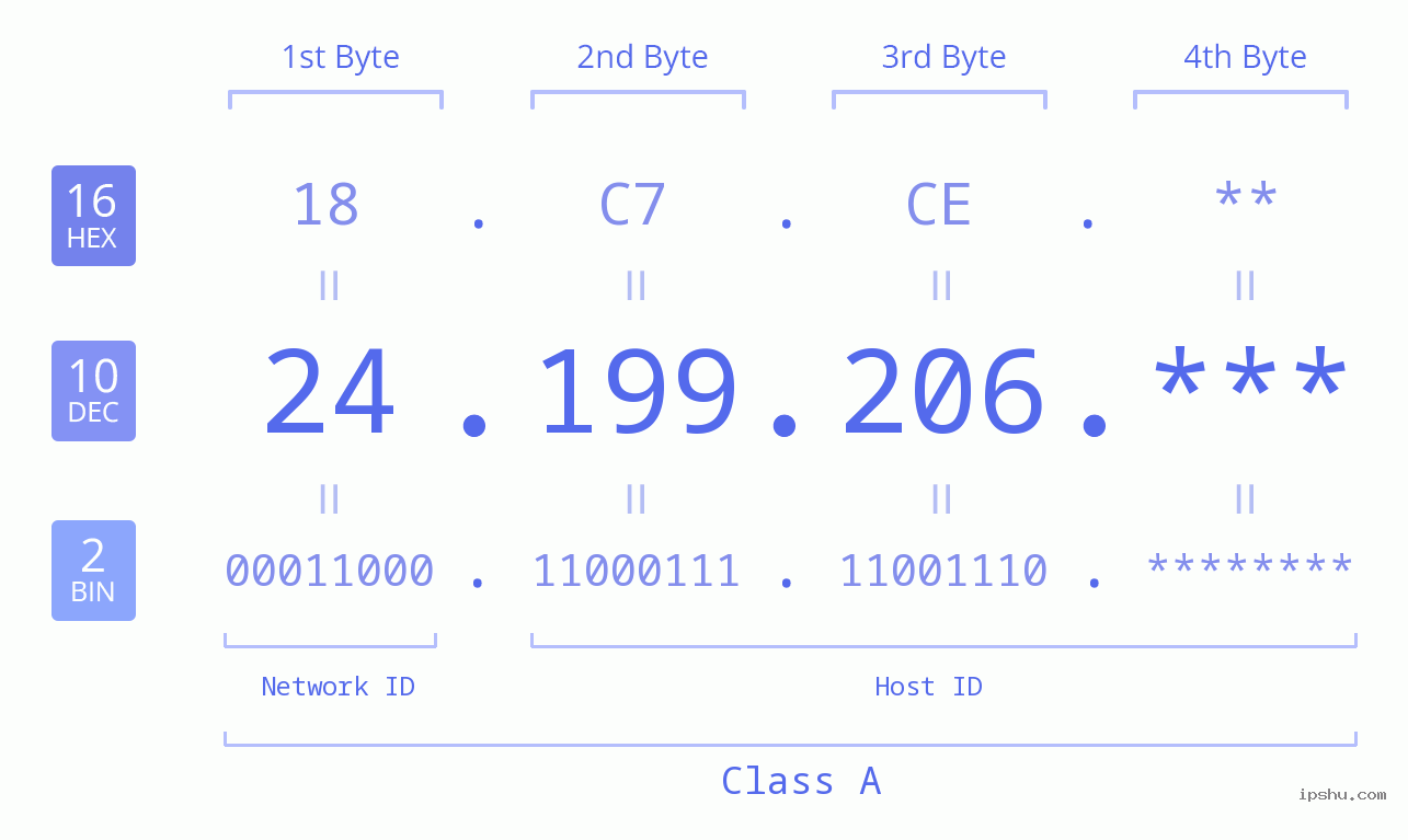 IP Address: 24.199.206 Data Structure Chart BIN DEC HEX IPv4: 24.199.206 Network Class, Net ID, Host ID