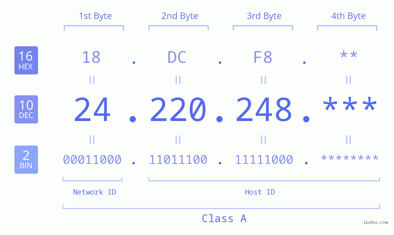 IP Address: 24.220.248 Data Structure Chart BIN DEC HEX IPv4: 24.220.248 Network Class, Net ID, Host ID