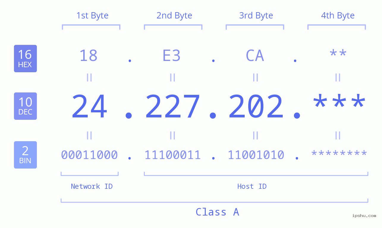 IP Address: 24.227.202 Data Structure Chart BIN DEC HEX IPv4: 24.227.202 Network Class, Net ID, Host ID