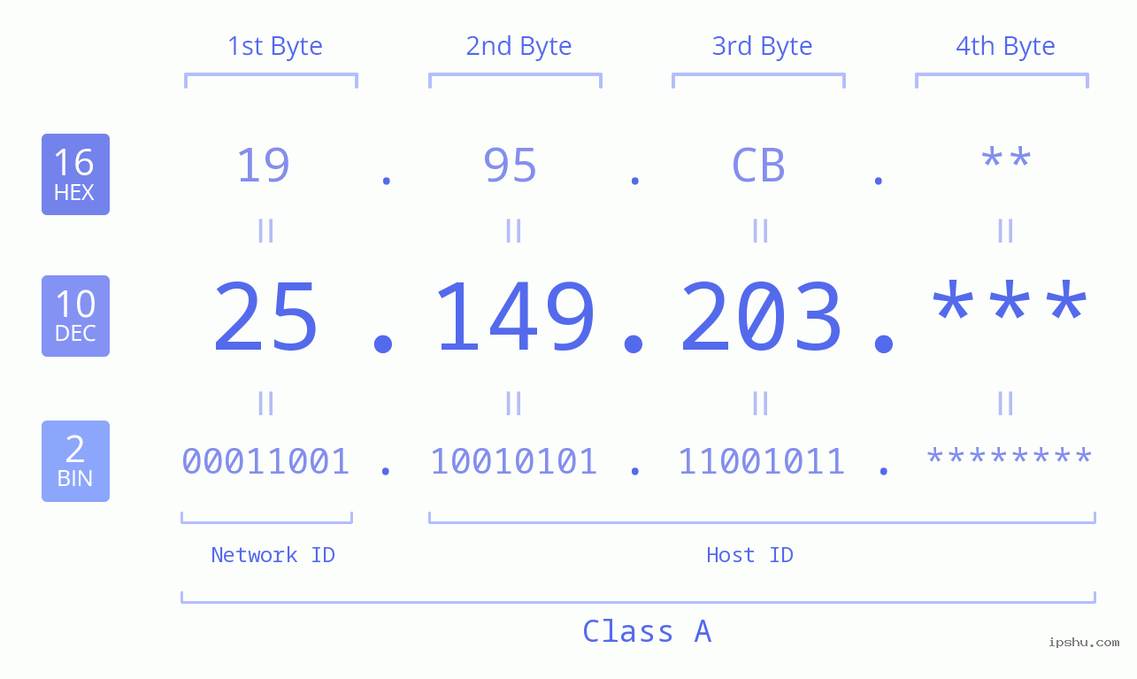 IP Address: 25.149.203 Data Structure Chart BIN DEC HEX IPv4: 25.149.203 Network Class, Net ID, Host ID