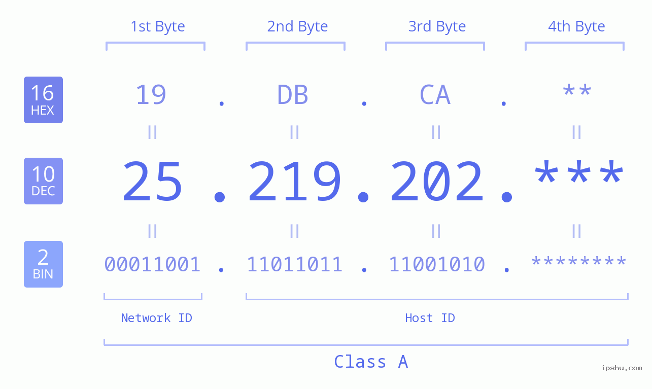 IP Address: 25.219.202 Data Structure Chart BIN DEC HEX IPv4: 25.219.202 Network Class, Net ID, Host ID