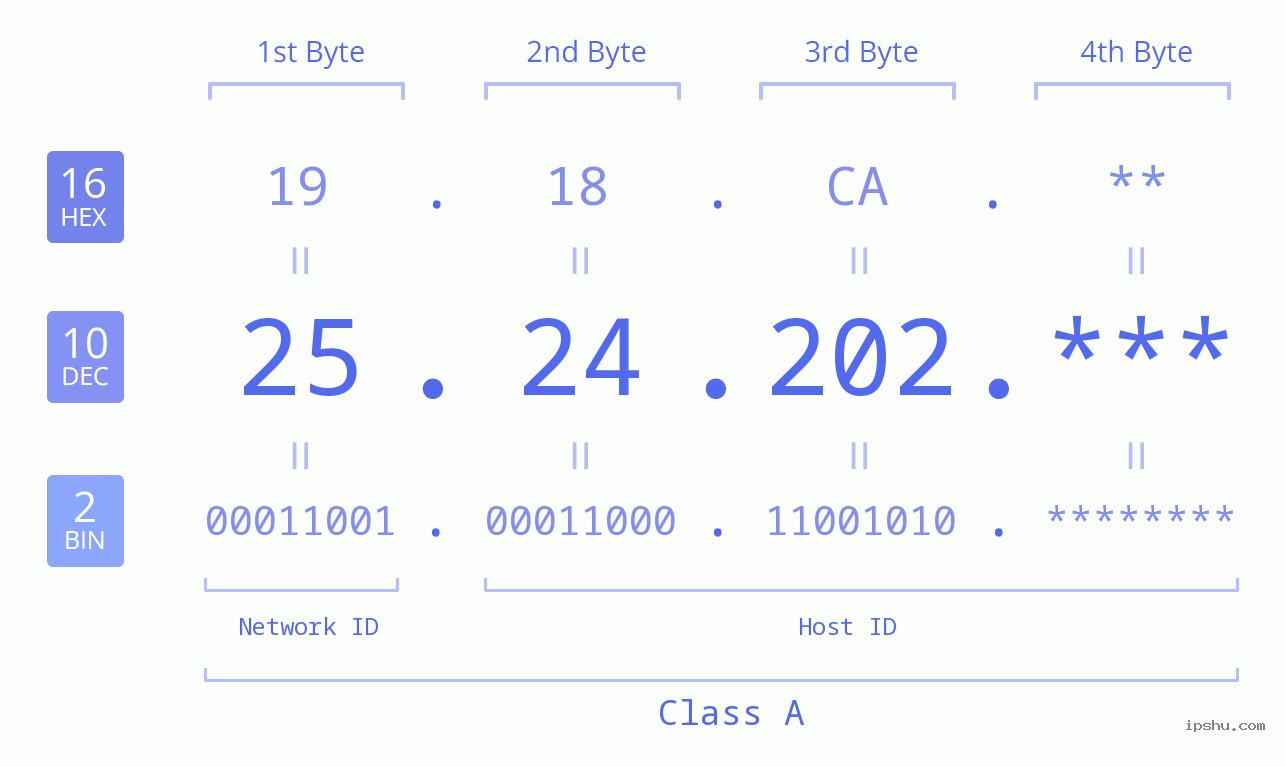 IP Address: 25.24.202 Data Structure Chart BIN DEC HEX IPv4: 25.24.202 Network Class, Net ID, Host ID