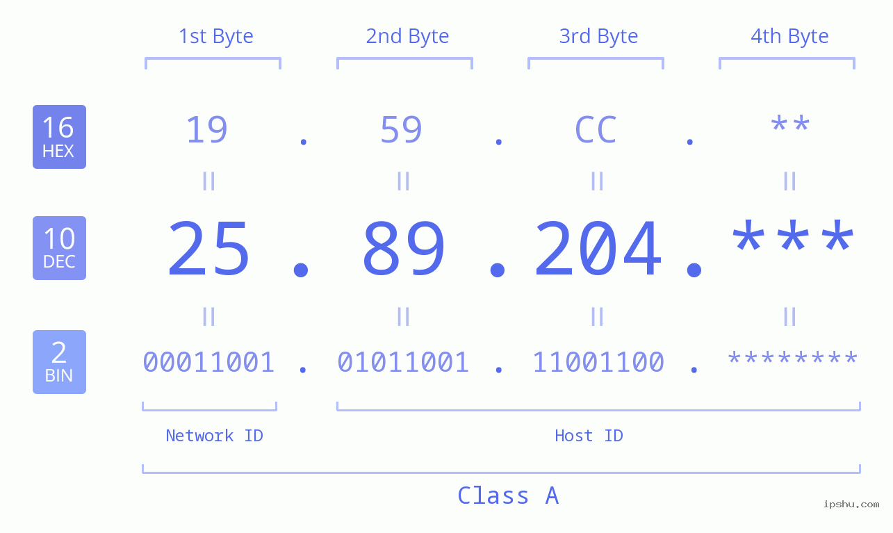 IP Address: 25.89.204 Data Structure Chart BIN DEC HEX IPv4: 25.89.204 Network Class, Net ID, Host ID