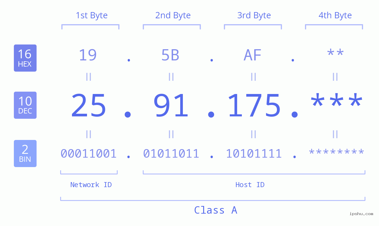 IP Address: 25.91.175 Data Structure Chart BIN DEC HEX IPv4: 25.91.175 Network Class, Net ID, Host ID