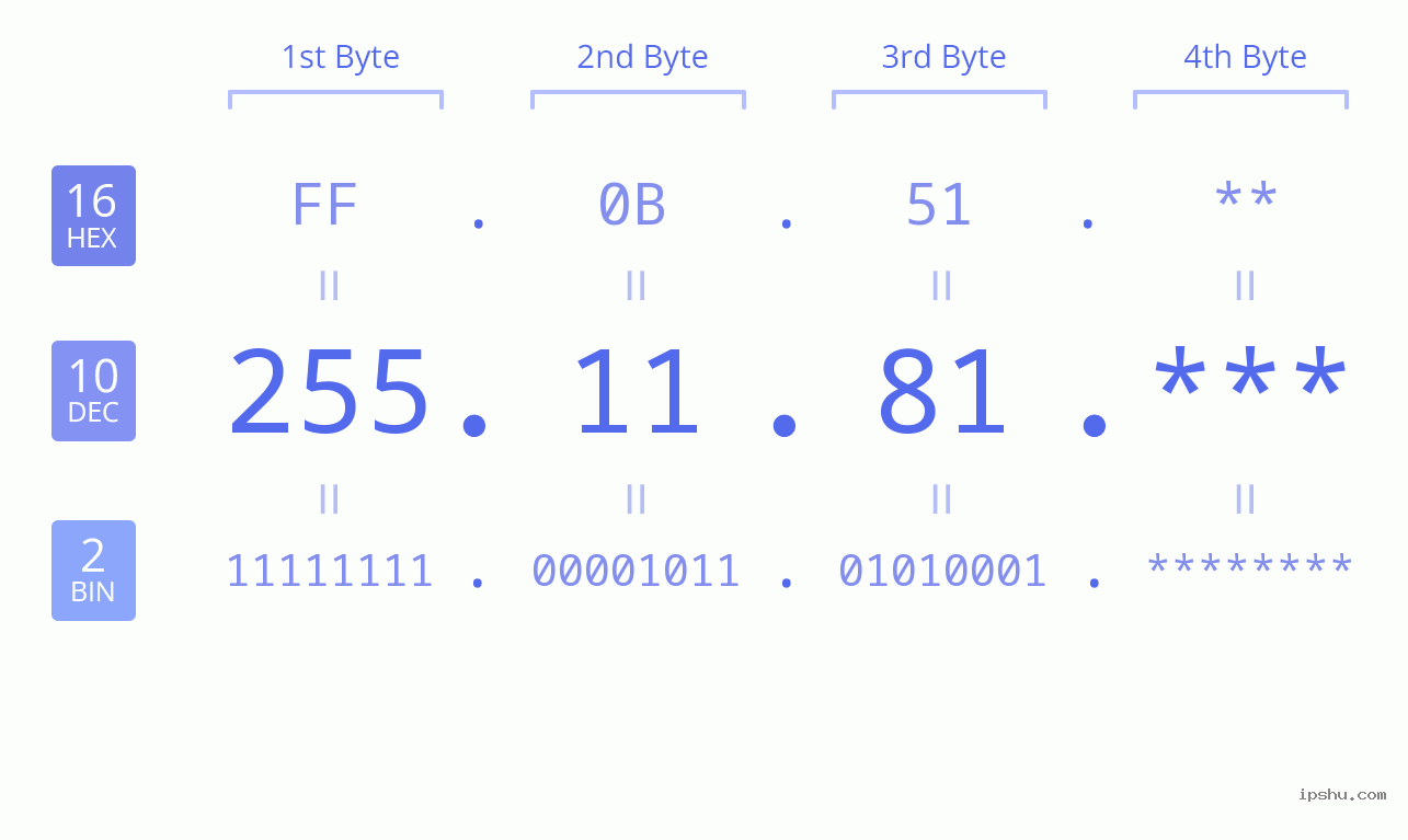 IP Address: 255.11.81 Data Structure Chart BIN DEC HEX IPv4: 255.11.81 Network Class, Net ID, Host ID
