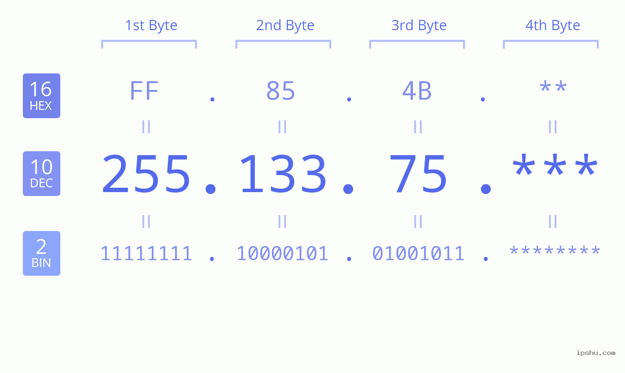 IP Address: 255.133.75 Data Structure Chart BIN DEC HEX IPv4: 255.133.75 Network Class, Net ID, Host ID