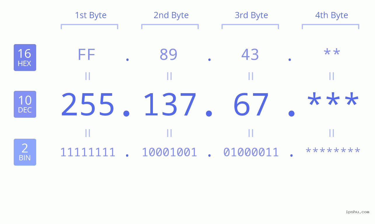 IP Address: 255.137.67 Data Structure Chart BIN DEC HEX IPv4: 255.137.67 Network Class, Net ID, Host ID