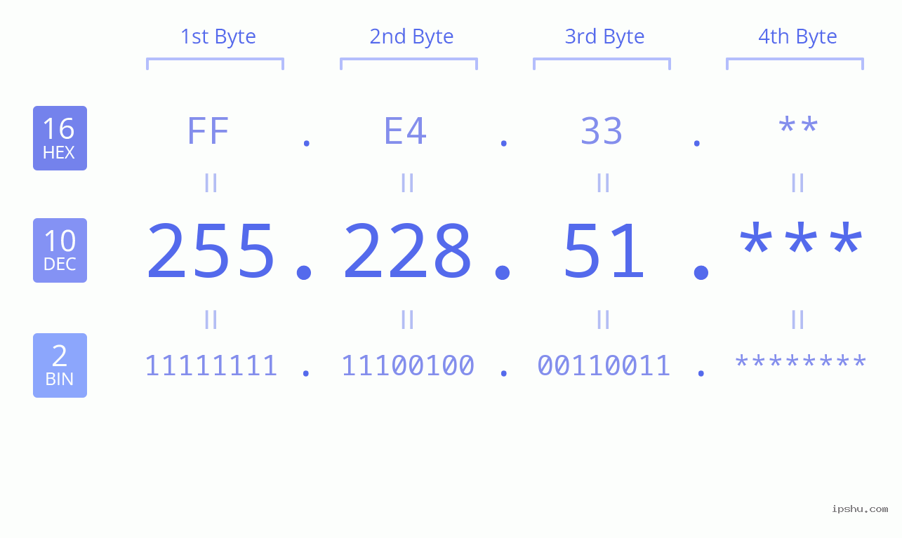 IP Address: 255.228.51 Data Structure Chart BIN DEC HEX IPv4: 255.228.51 Network Class, Net ID, Host ID