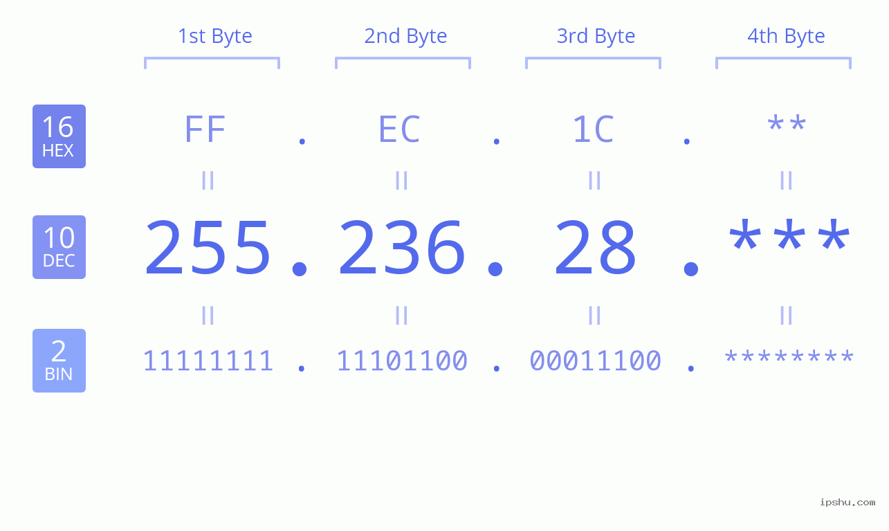 IP Address: 255.236.28 Data Structure Chart BIN DEC HEX IPv4: 255.236.28 Network Class, Net ID, Host ID