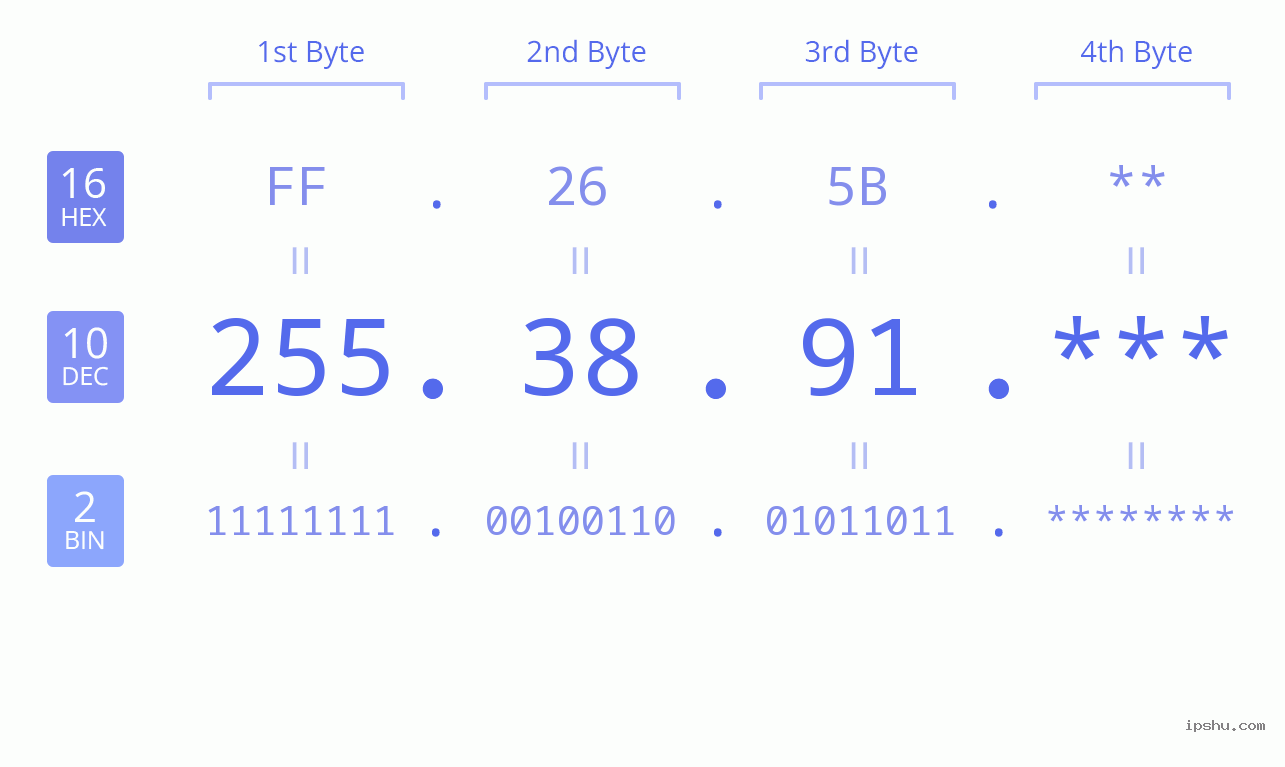 IP Address: 255.38.91 Data Structure Chart BIN DEC HEX IPv4: 255.38.91 Network Class, Net ID, Host ID