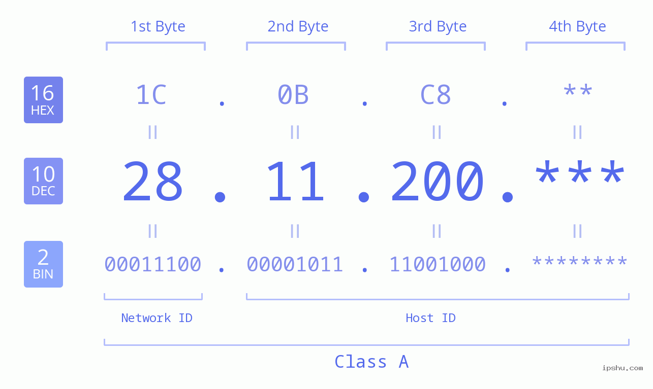IP Address: 28.11.200 Data Structure Chart BIN DEC HEX IPv4: 28.11.200 Network Class, Net ID, Host ID