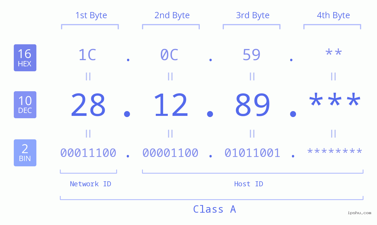 IP Address: 28.12.89 Data Structure Chart BIN DEC HEX IPv4: 28.12.89 Network Class, Net ID, Host ID