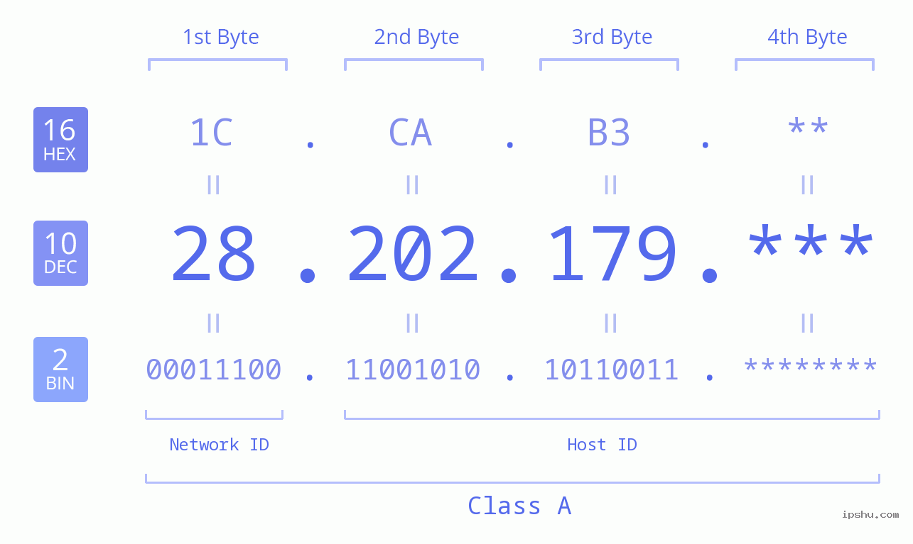 IP Address: 28.202.179 Data Structure Chart BIN DEC HEX IPv4: 28.202.179 Network Class, Net ID, Host ID