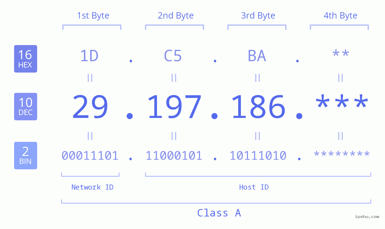 IP Address: 29.197.186 Data Structure Chart BIN DEC HEX IPv4: 29.197.186 Network Class, Net ID, Host ID