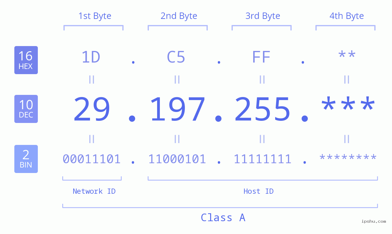 IP Address: 29.197.255 Data Structure Chart BIN DEC HEX IPv4: 29.197.255 Network Class, Net ID, Host ID