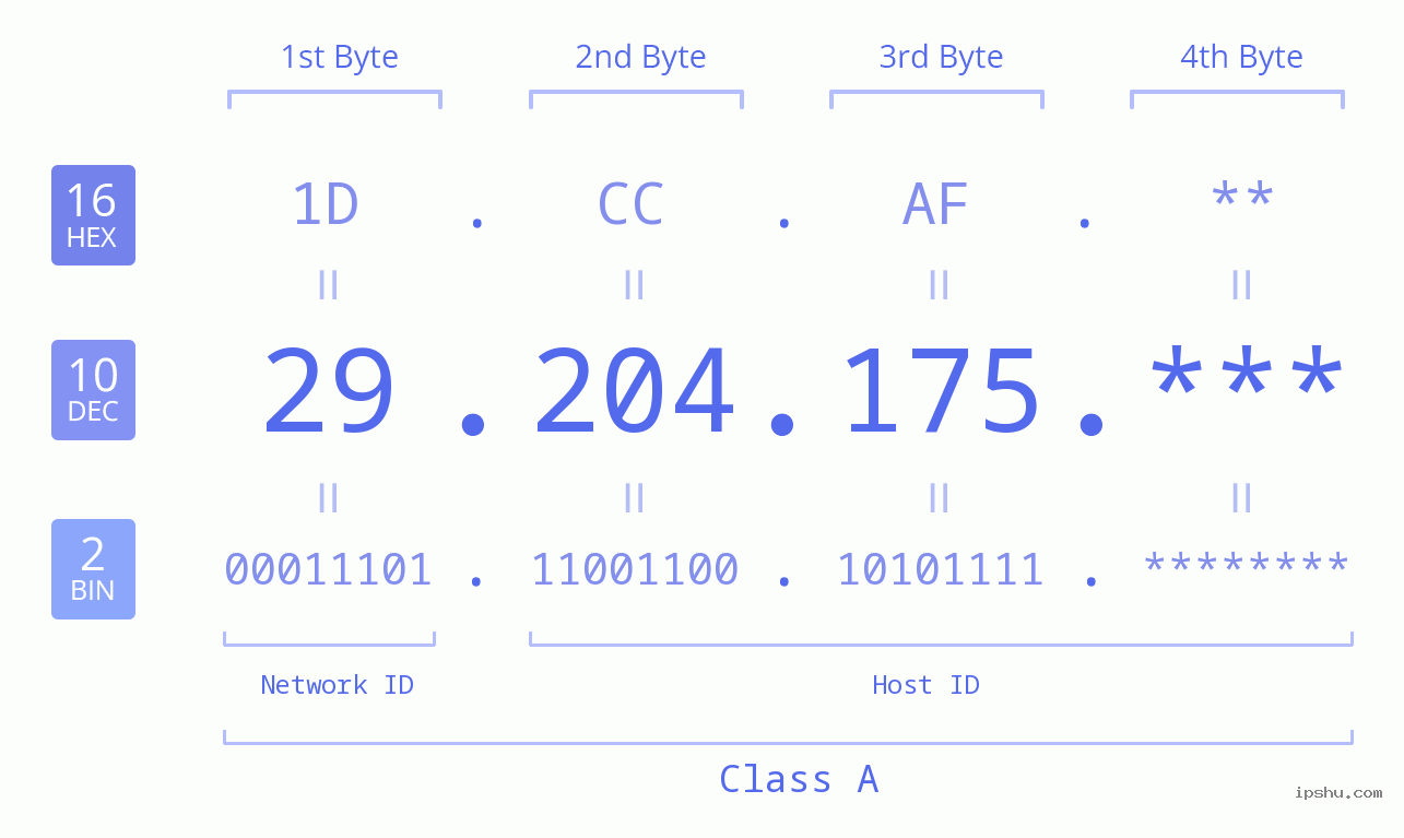 IP Address: 29.204.175 Data Structure Chart BIN DEC HEX IPv4: 29.204.175 Network Class, Net ID, Host ID