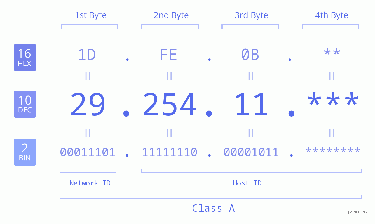 IP Address: 29.254.11 Data Structure Chart BIN DEC HEX IPv4: 29.254.11 Network Class, Net ID, Host ID