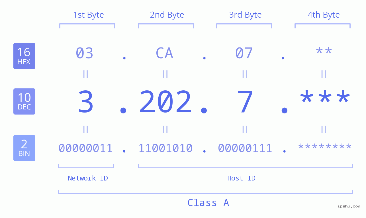 IP Address: 3.202.7 Data Structure Chart BIN DEC HEX IPv4: 3.202.7 Network Class, Net ID, Host ID