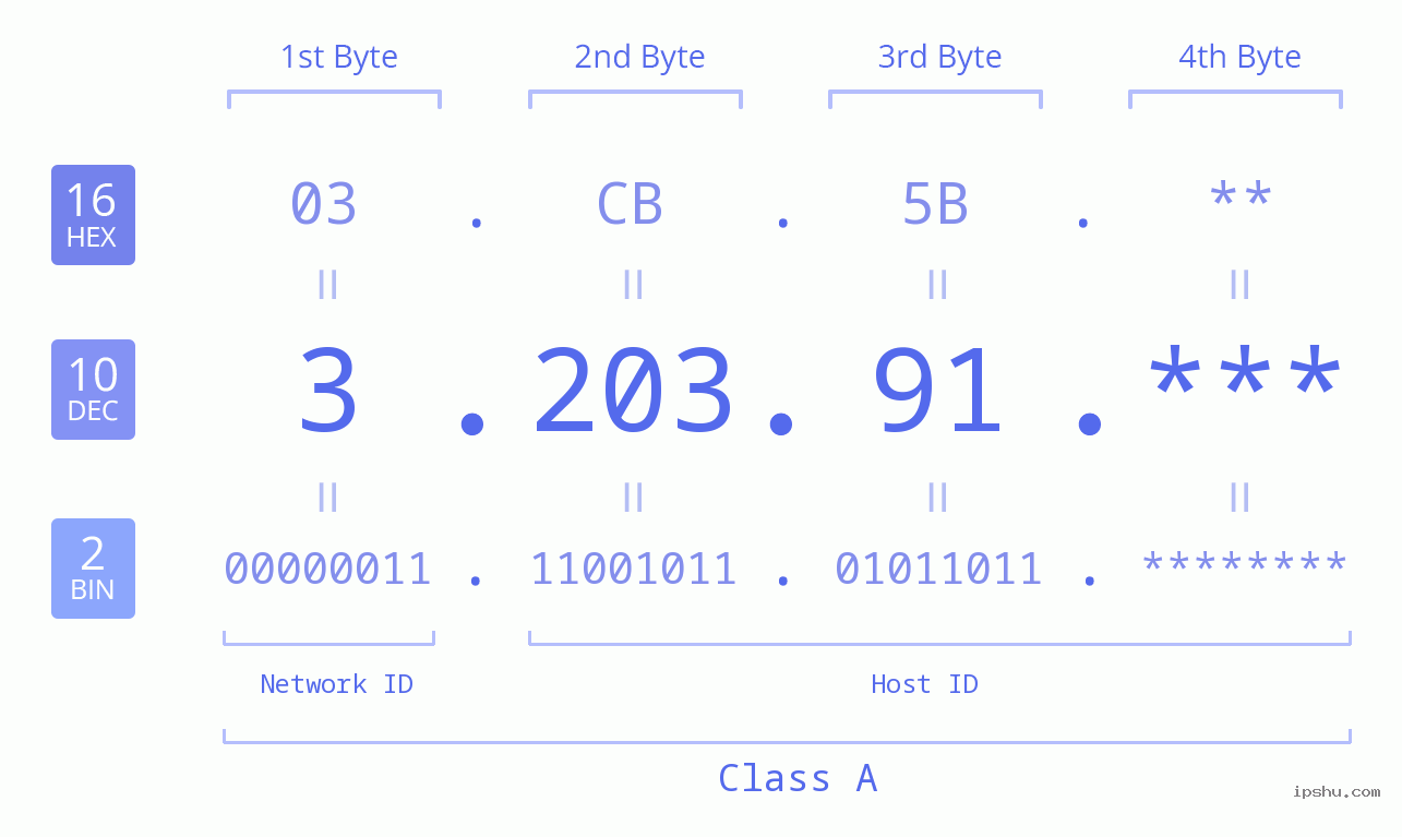 IP Address: 3.203.91 Data Structure Chart BIN DEC HEX IPv4: 3.203.91 Network Class, Net ID, Host ID