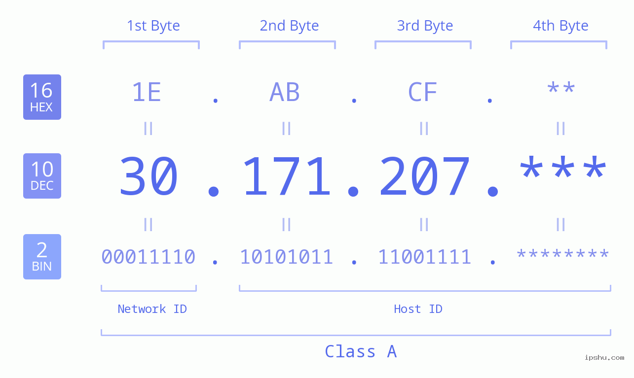 IP Address: 30.171.207 Data Structure Chart BIN DEC HEX IPv4: 30.171.207 Network Class, Net ID, Host ID