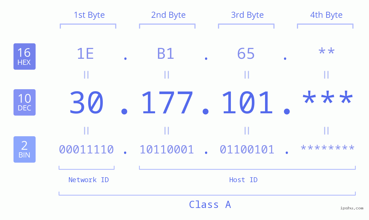IP Address: 30.177.101 Data Structure Chart BIN DEC HEX IPv4: 30.177.101 Network Class, Net ID, Host ID