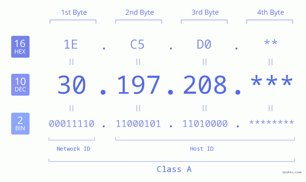 IP Address: 30.197.208 Data Structure Chart BIN DEC HEX IPv4: 30.197.208 Network Class, Net ID, Host ID