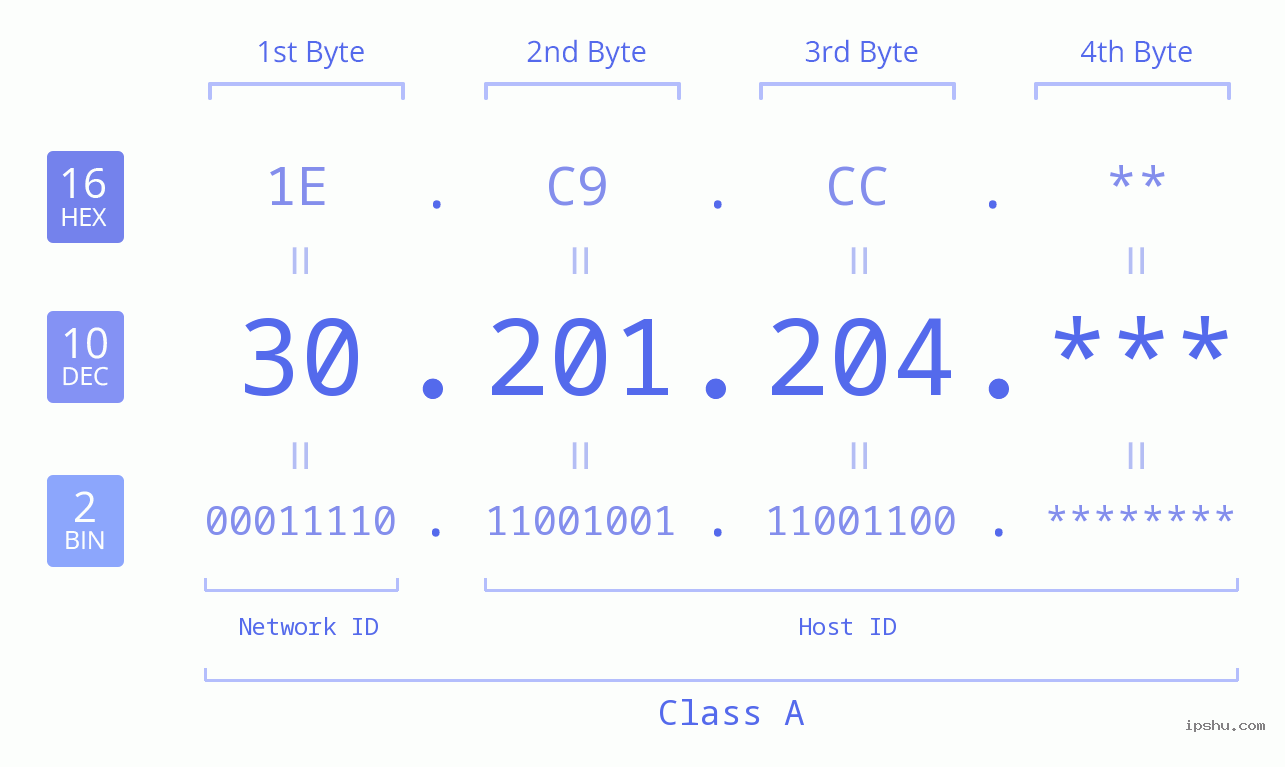 IP Address: 30.201.204 Data Structure Chart BIN DEC HEX IPv4: 30.201.204 Network Class, Net ID, Host ID