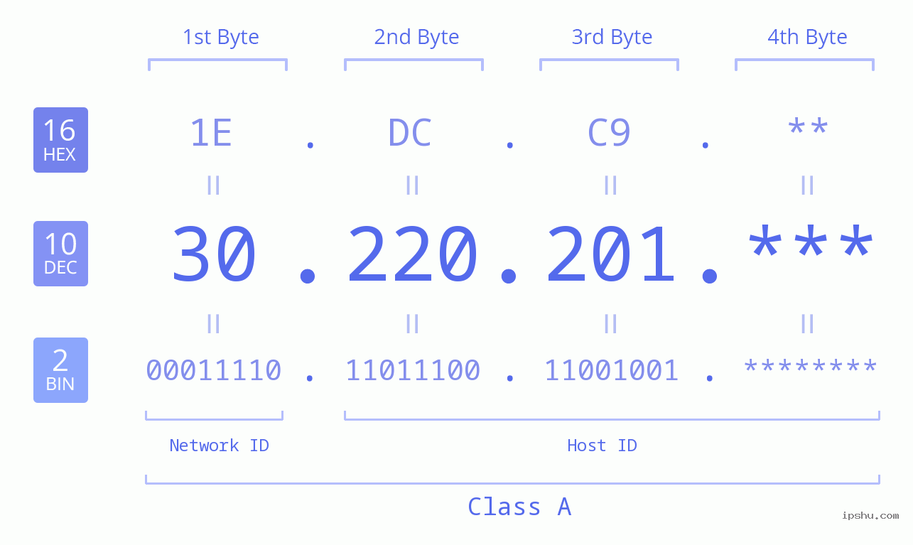 IP Address: 30.220.201 Data Structure Chart BIN DEC HEX IPv4: 30.220.201 Network Class, Net ID, Host ID