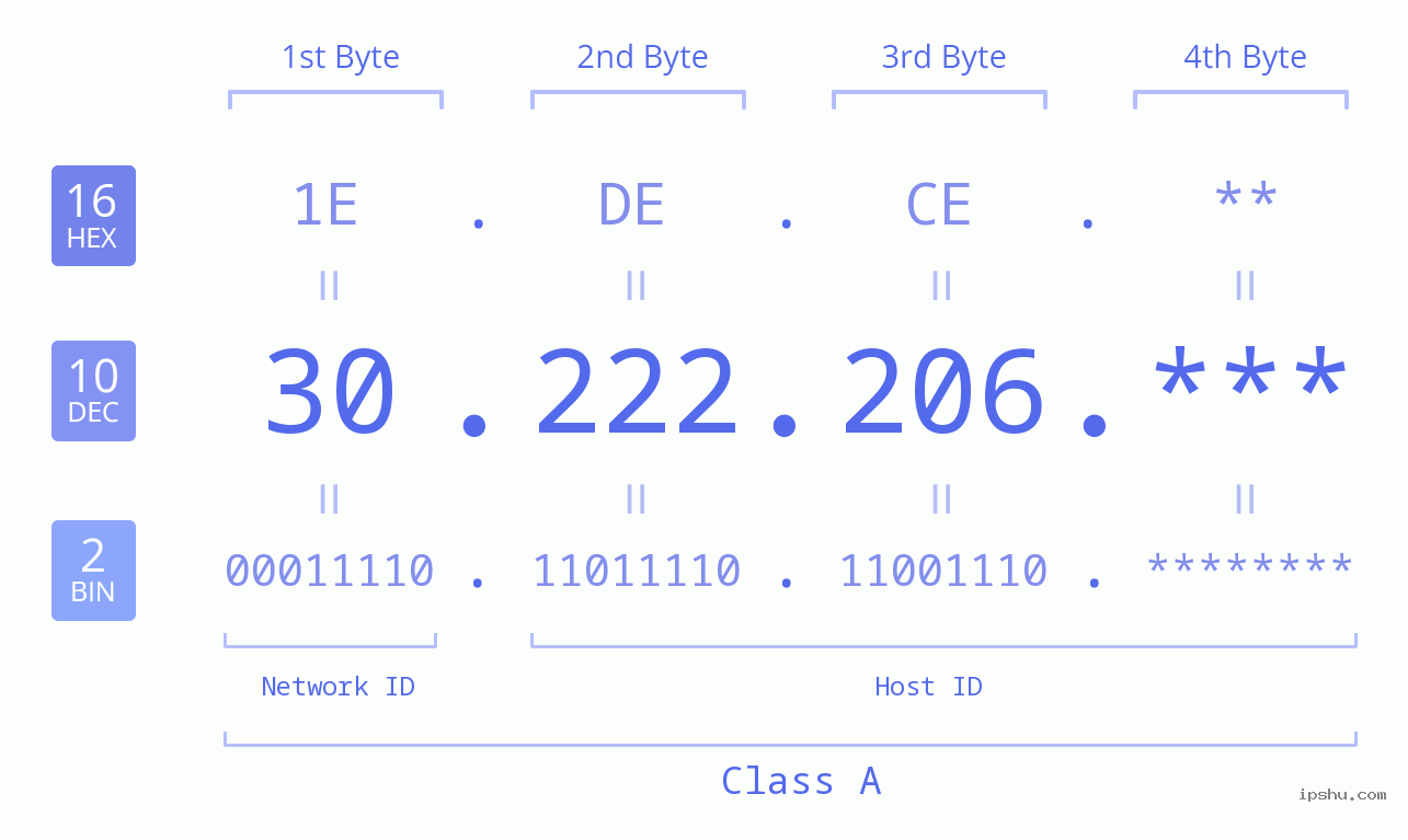 IP Address: 30.222.206 Data Structure Chart BIN DEC HEX IPv4: 30.222.206 Network Class, Net ID, Host ID