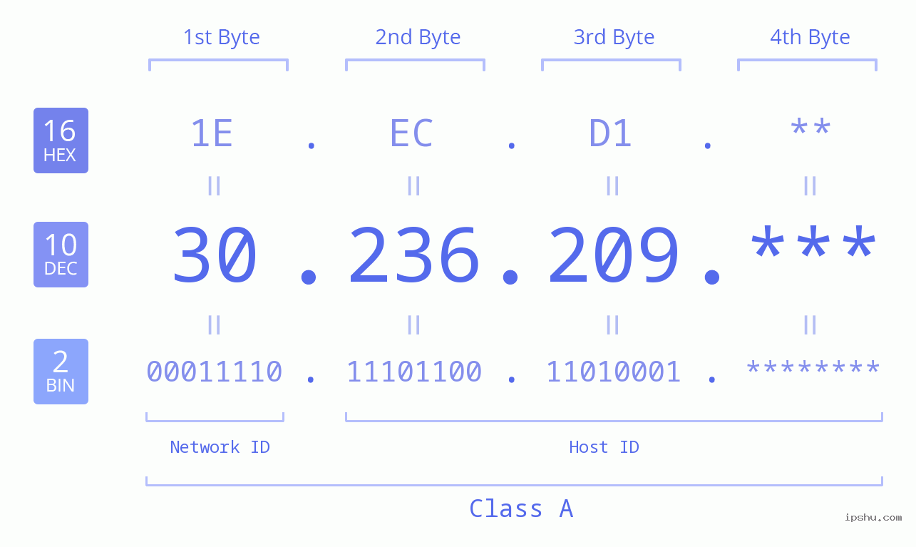 IP Address: 30.236.209 Data Structure Chart BIN DEC HEX IPv4: 30.236.209 Network Class, Net ID, Host ID