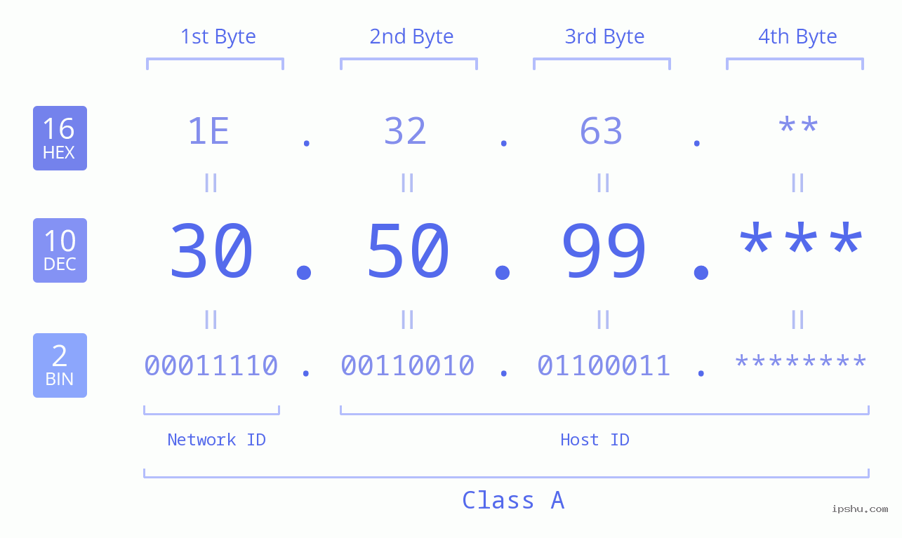 IP Address: 30.50.99 Data Structure Chart BIN DEC HEX IPv4: 30.50.99 Network Class, Net ID, Host ID