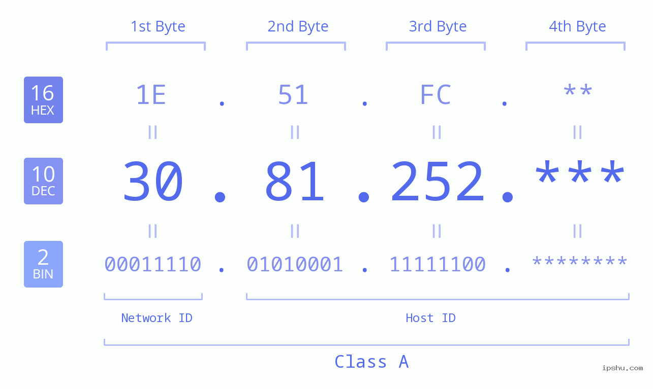 IP Address: 30.81.252 Data Structure Chart BIN DEC HEX IPv4: 30.81.252 Network Class, Net ID, Host ID
