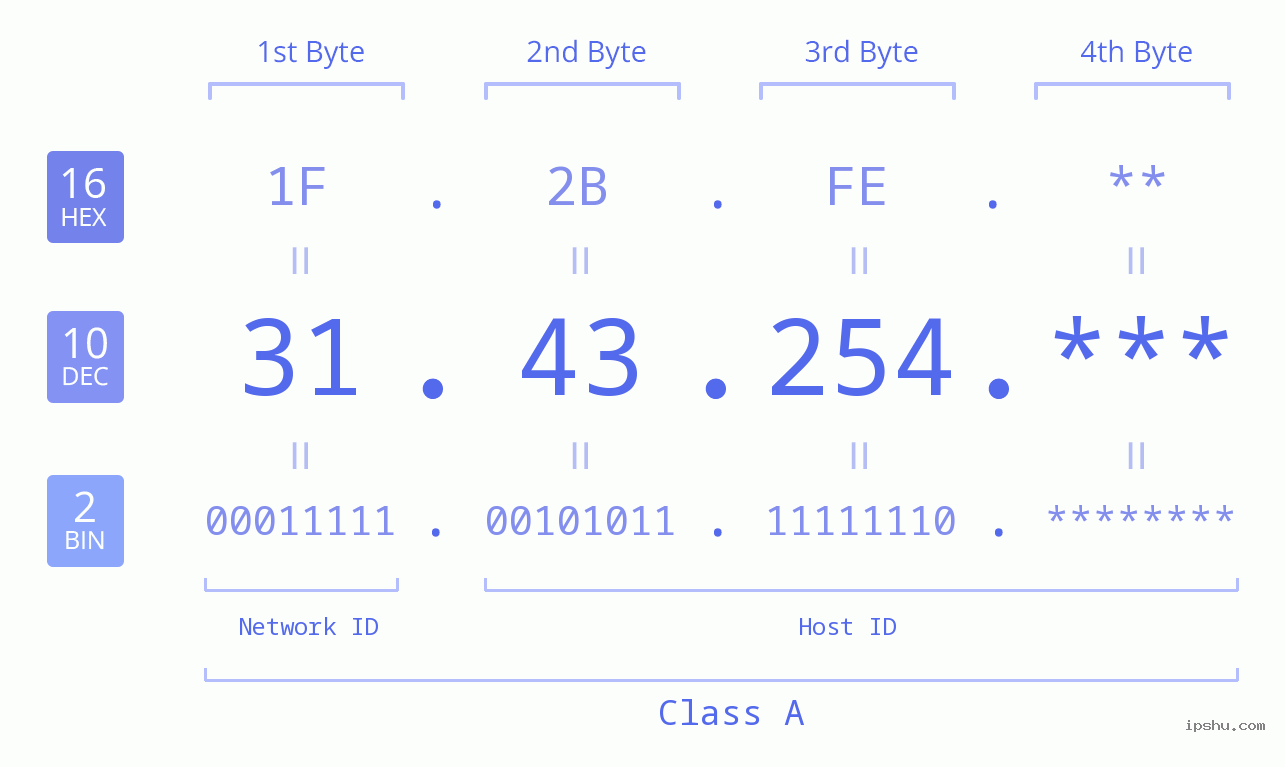 IP Address: 31.43.254 Data Structure Chart BIN DEC HEX IPv4: 31.43.254 Network Class, Net ID, Host ID