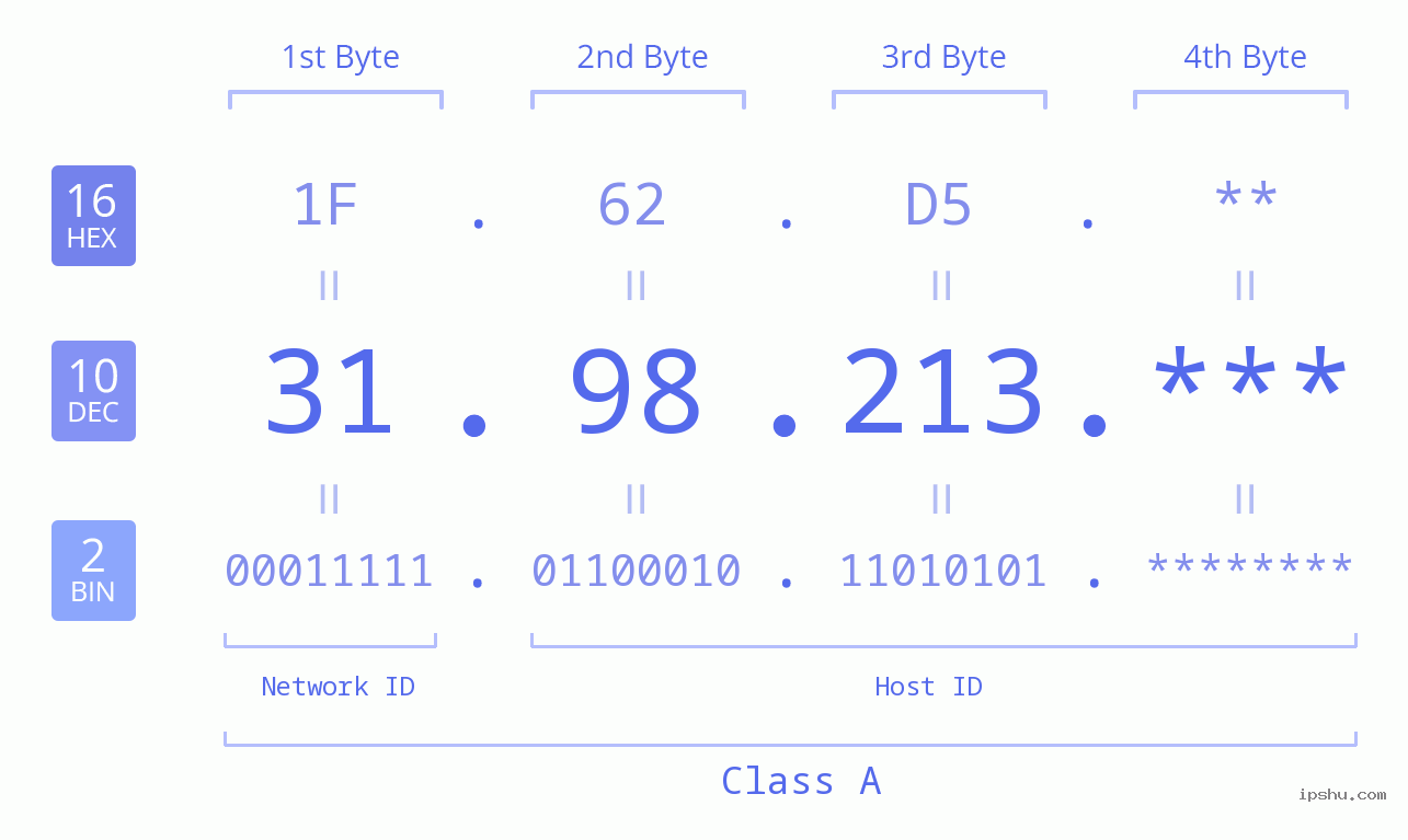 IP Address: 31.98.213 Data Structure Chart BIN DEC HEX IPv4: 31.98.213 Network Class, Net ID, Host ID