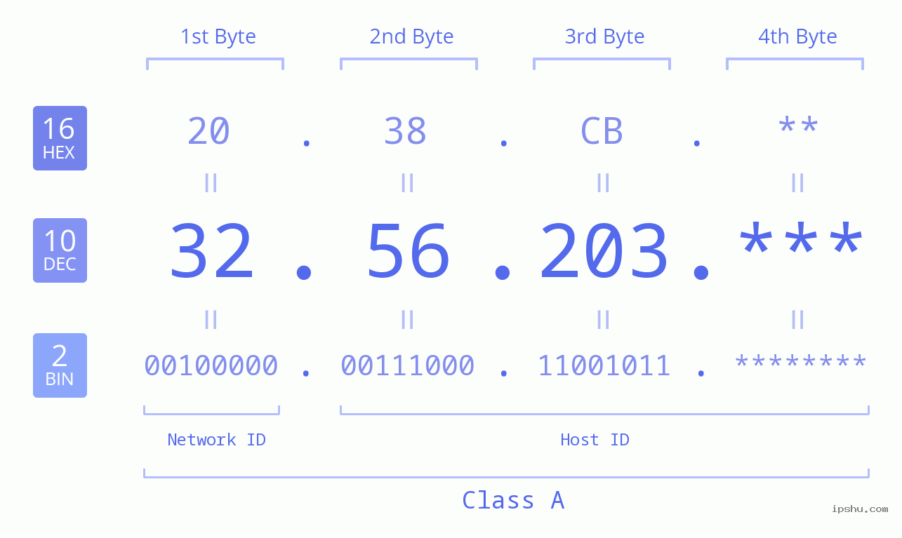 IP Address: 32.56.203 Data Structure Chart BIN DEC HEX IPv4: 32.56.203 Network Class, Net ID, Host ID