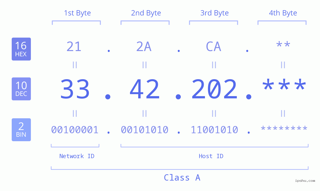 IP Address: 33.42.202 Data Structure Chart BIN DEC HEX IPv4: 33.42.202 Network Class, Net ID, Host ID