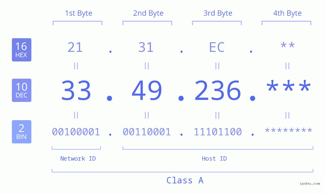 IP Address: 33.49.236 Data Structure Chart BIN DEC HEX IPv4: 33.49.236 Network Class, Net ID, Host ID