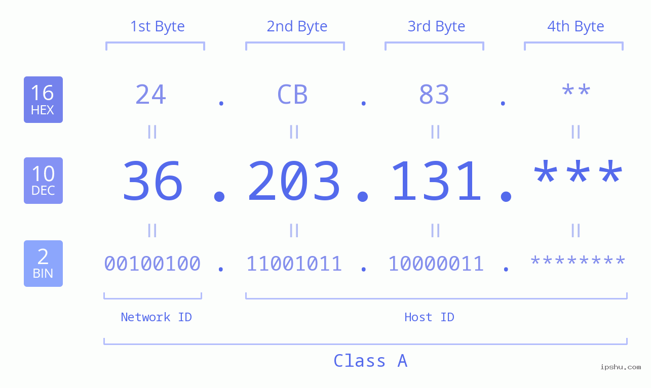 IP Address: 36.203.131 Data Structure Chart BIN DEC HEX IPv4: 36.203.131 Network Class, Net ID, Host ID