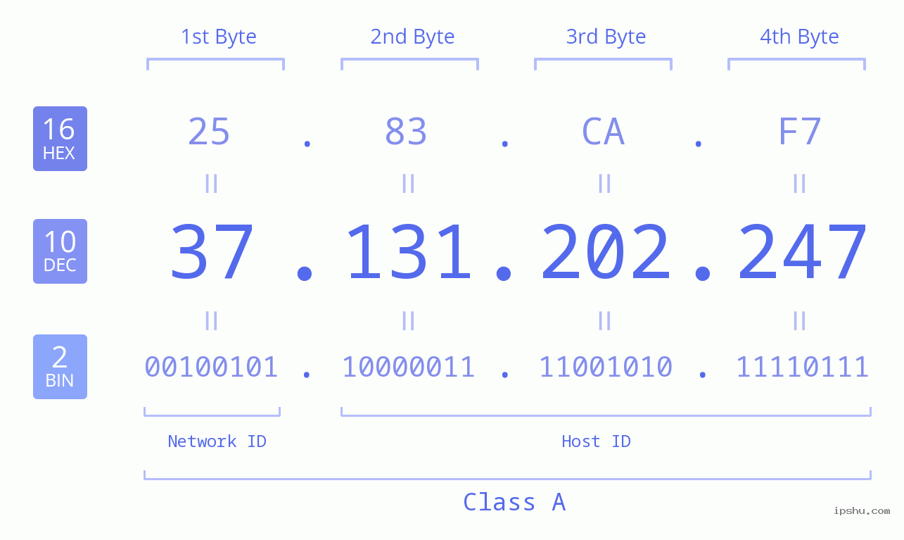 IP Address: 37.131.202.247 Data Structure Chart BIN DEC HEX IPv4: 37.131.202.247 Network Class, Net ID, Host ID