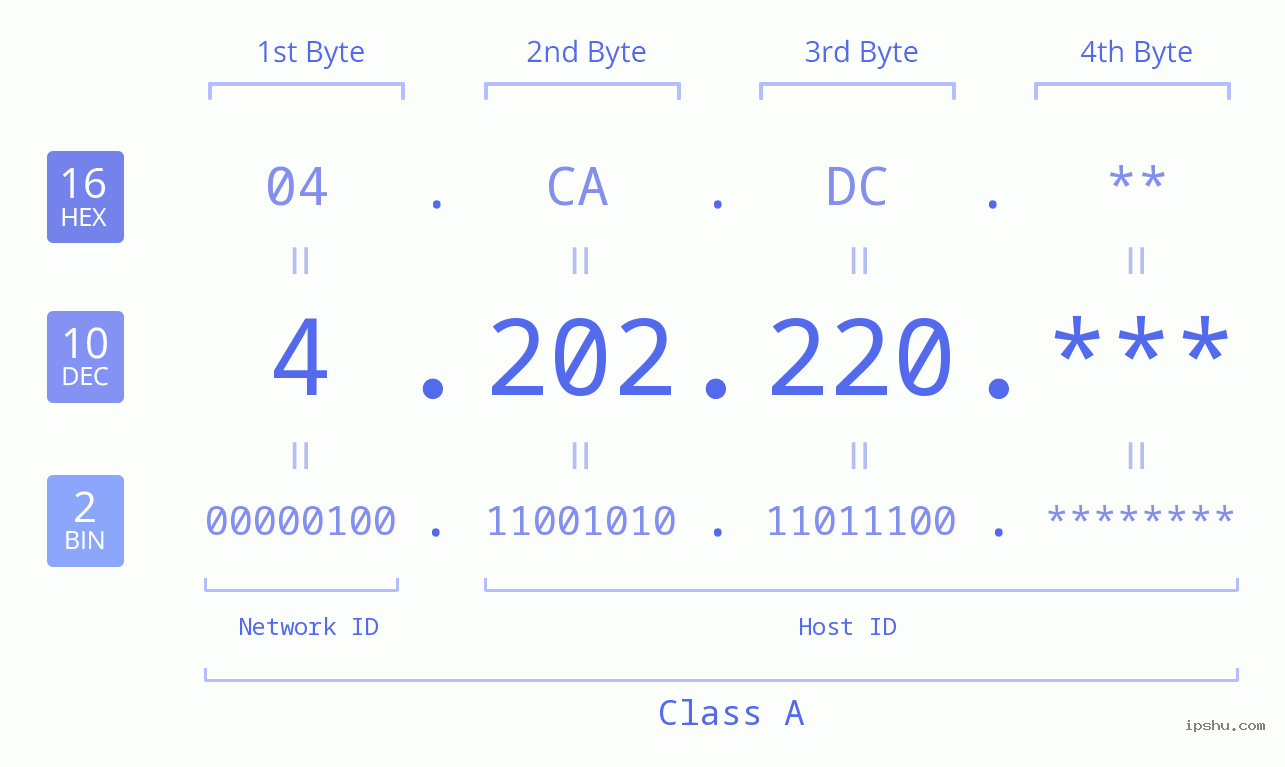 IP Address: 4.202.220 Data Structure Chart BIN DEC HEX IPv4: 4.202.220 Network Class, Net ID, Host ID