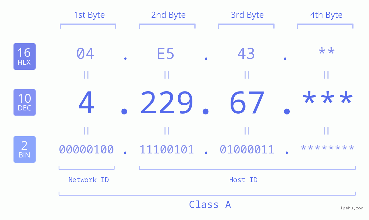 IP Address: 4.229.67 Data Structure Chart BIN DEC HEX IPv4: 4.229.67 Network Class, Net ID, Host ID