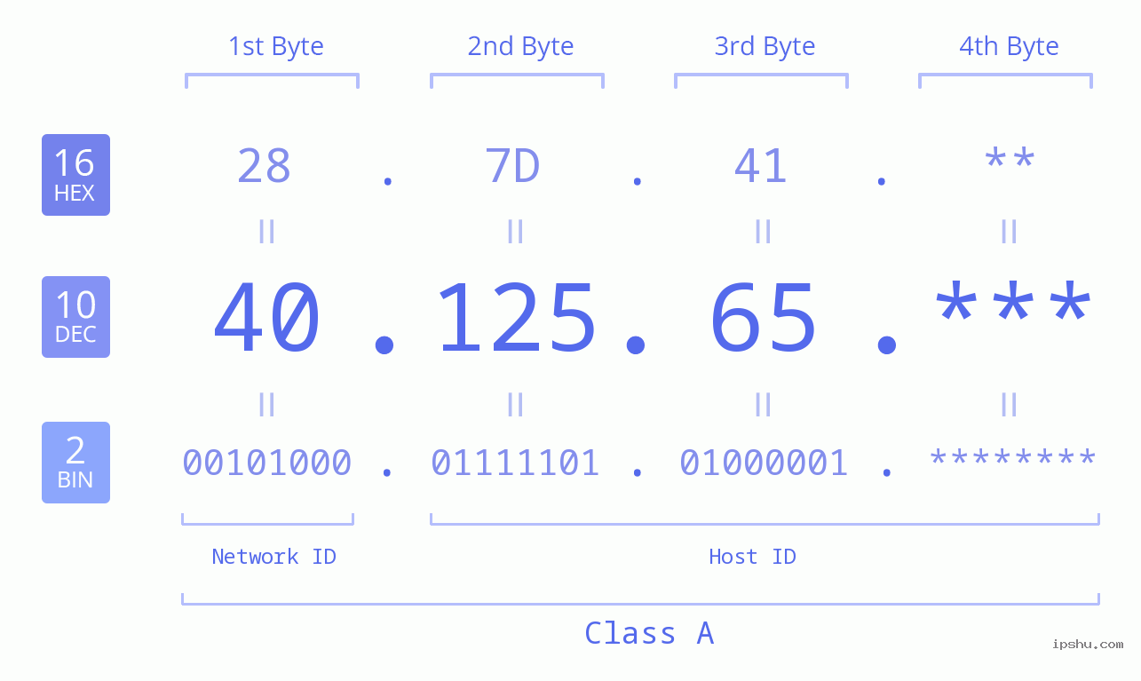 IP Address: 40.125.65 Data Structure Chart BIN DEC HEX IPv4: 40.125.65 Network Class, Net ID, Host ID