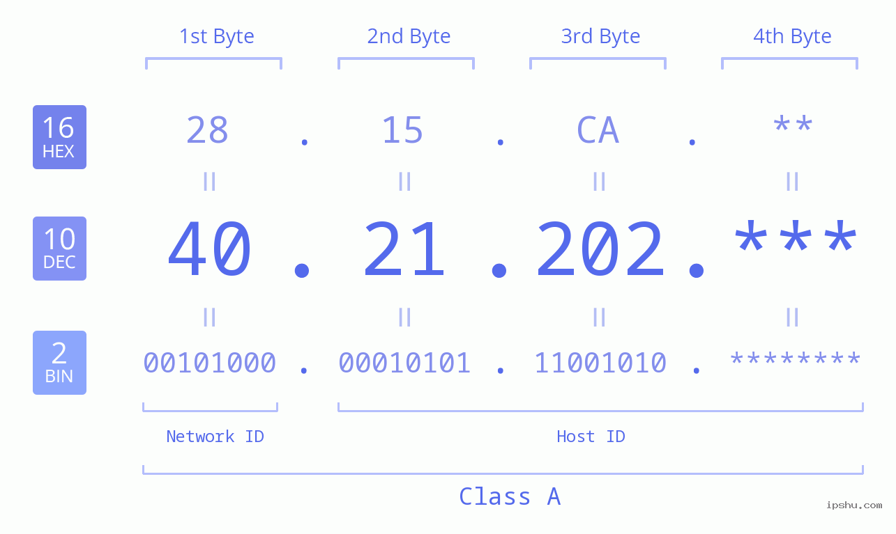 IP Address: 40.21.202 Data Structure Chart BIN DEC HEX IPv4: 40.21.202 Network Class, Net ID, Host ID