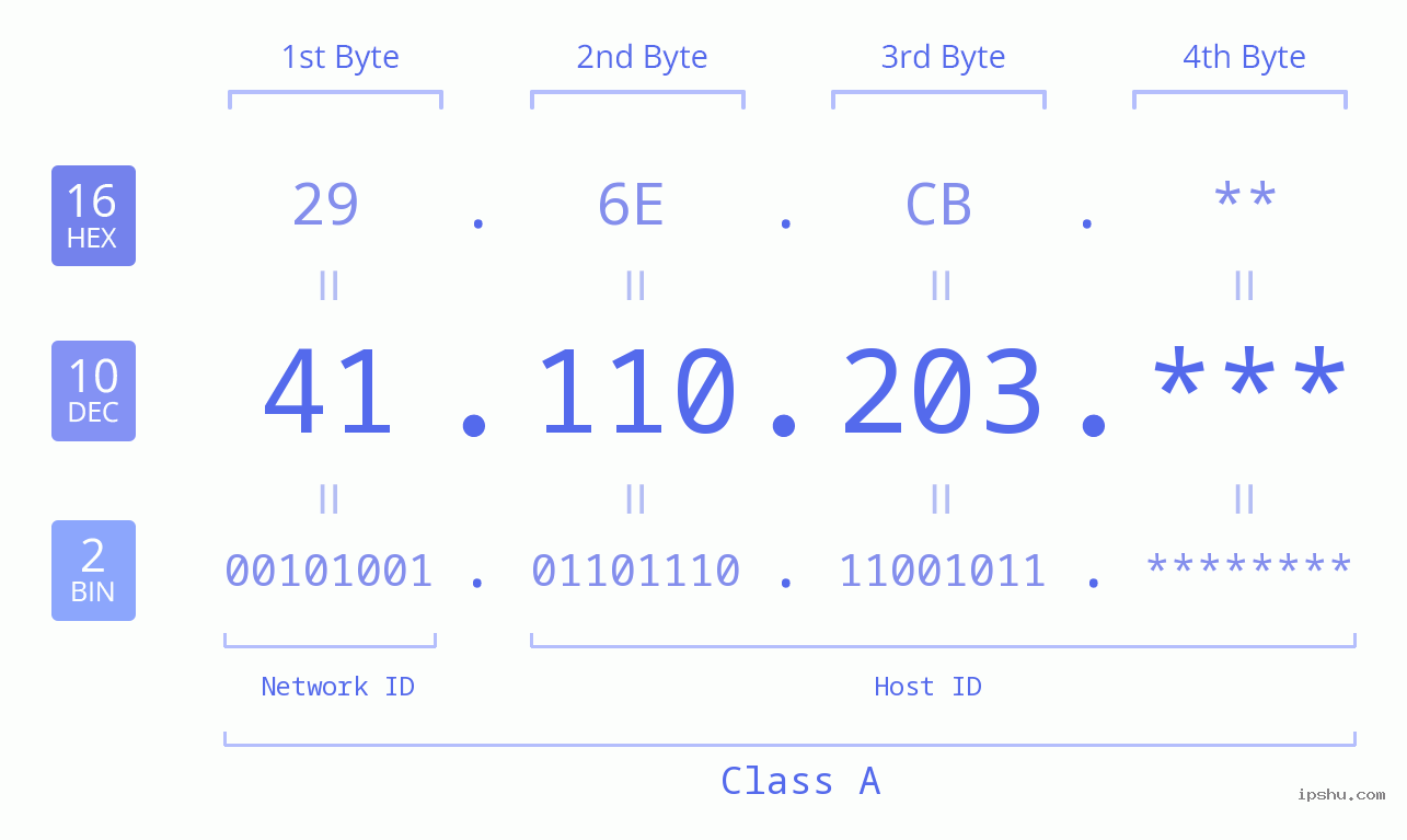 IP Address: 41.110.203 Data Structure Chart BIN DEC HEX IPv4: 41.110.203 Network Class, Net ID, Host ID