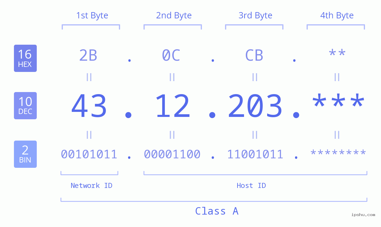 IP Address: 43.12.203 Data Structure Chart BIN DEC HEX IPv4: 43.12.203 Network Class, Net ID, Host ID